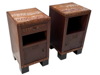Two Art Deco Nightstands or Bedside Tables with Multi-Colored Marble Tops, 1930s